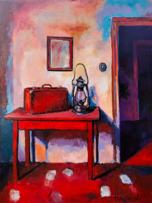 Farewell Shtetl Kaddish original figurative oil painting on canvas from Kaddish for Shtetl series by Marek Hausmann