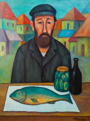 Jonah's Fish original figurative oil painting on canvas from Kaddish for Shtetl series by Marek Hausmann