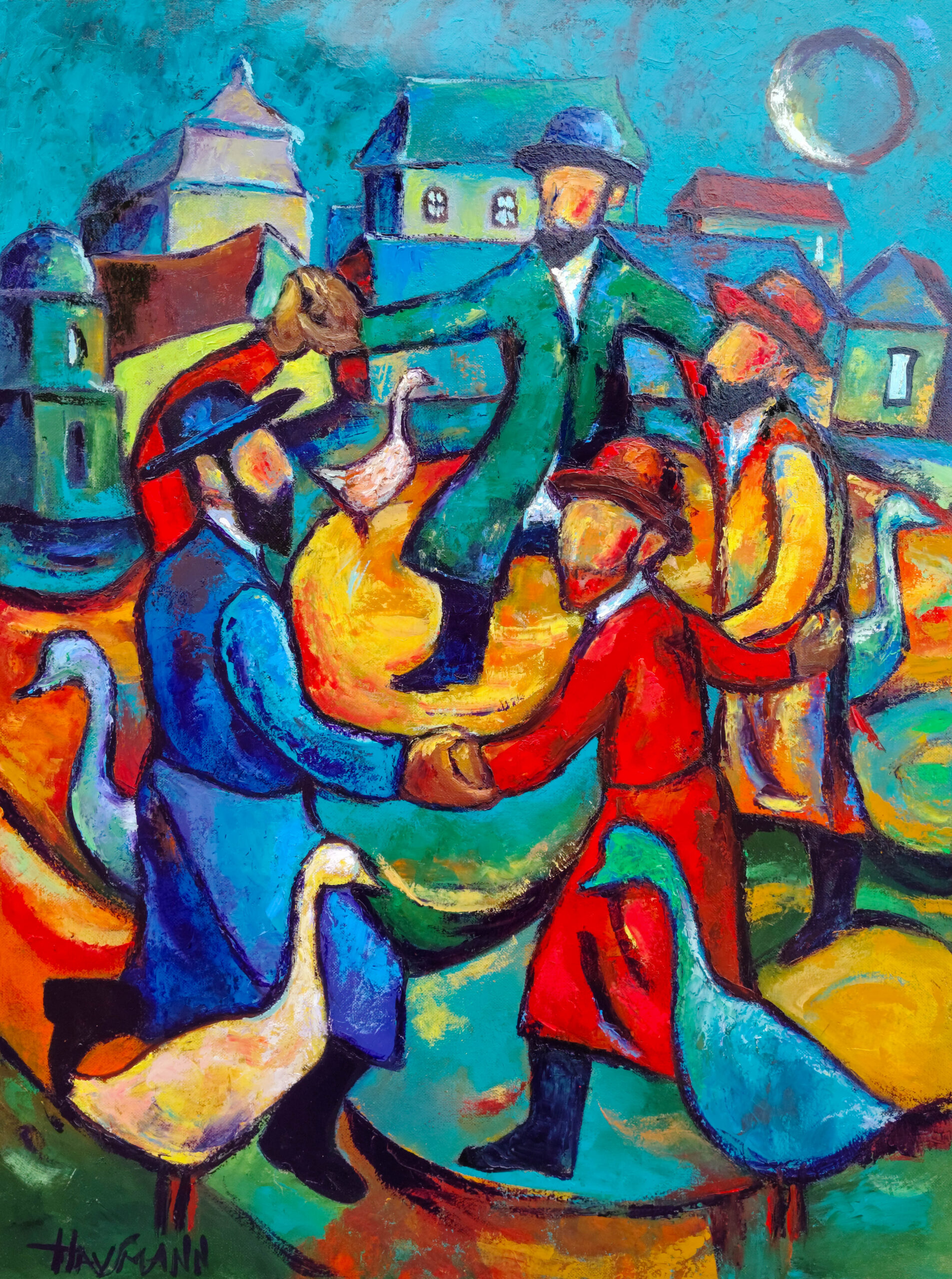 Khmyelnik Dance of the Shtetl Ghosts original figurative oil painting on canvas from Kaddish for Shtetl series by Marek Hausmann