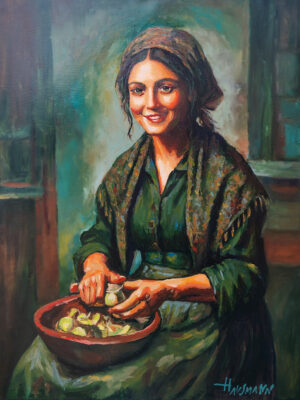 Miriam's Smile Peeling Potatoes original figurative oil painting on canvas from Kaddish for Shtetl series by Marek Hausmann