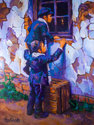 The Mikveh original figurative oil painting on canvas from Kaddish for Shtetl series by Marek Hausmann