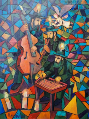The Klezmers Inspiration original figurative oil painting on canvas from Kaddish for Shtetl series by Marek Hausmann