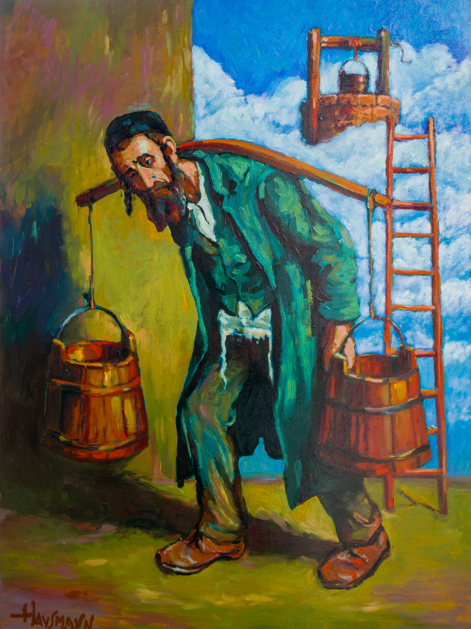 One-Armed Jacob the Water Carrier original figurative oil painting on canvas from Kaddish for Shtetl series by Marek Hausmann