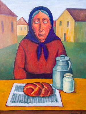 The Blind Milkmaid original figurative oil painting on canvas from Kaddish for Shtetl series by Marek Hausmann