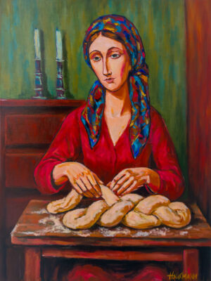 The Challah Braid original figurative oil painting on canvas from Kaddish for Shtetl series by Marek Hausmann