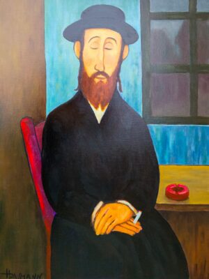 The Quiet Awaiting of Moshe original figurative oil painting on canvas from Kaddish for Shtetl series by Marek Hausmann