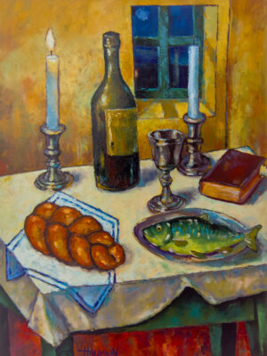 The Shabbat Evening original figurative oil painting on canvas from Kaddish for Shtetl series by Marek Hausmann