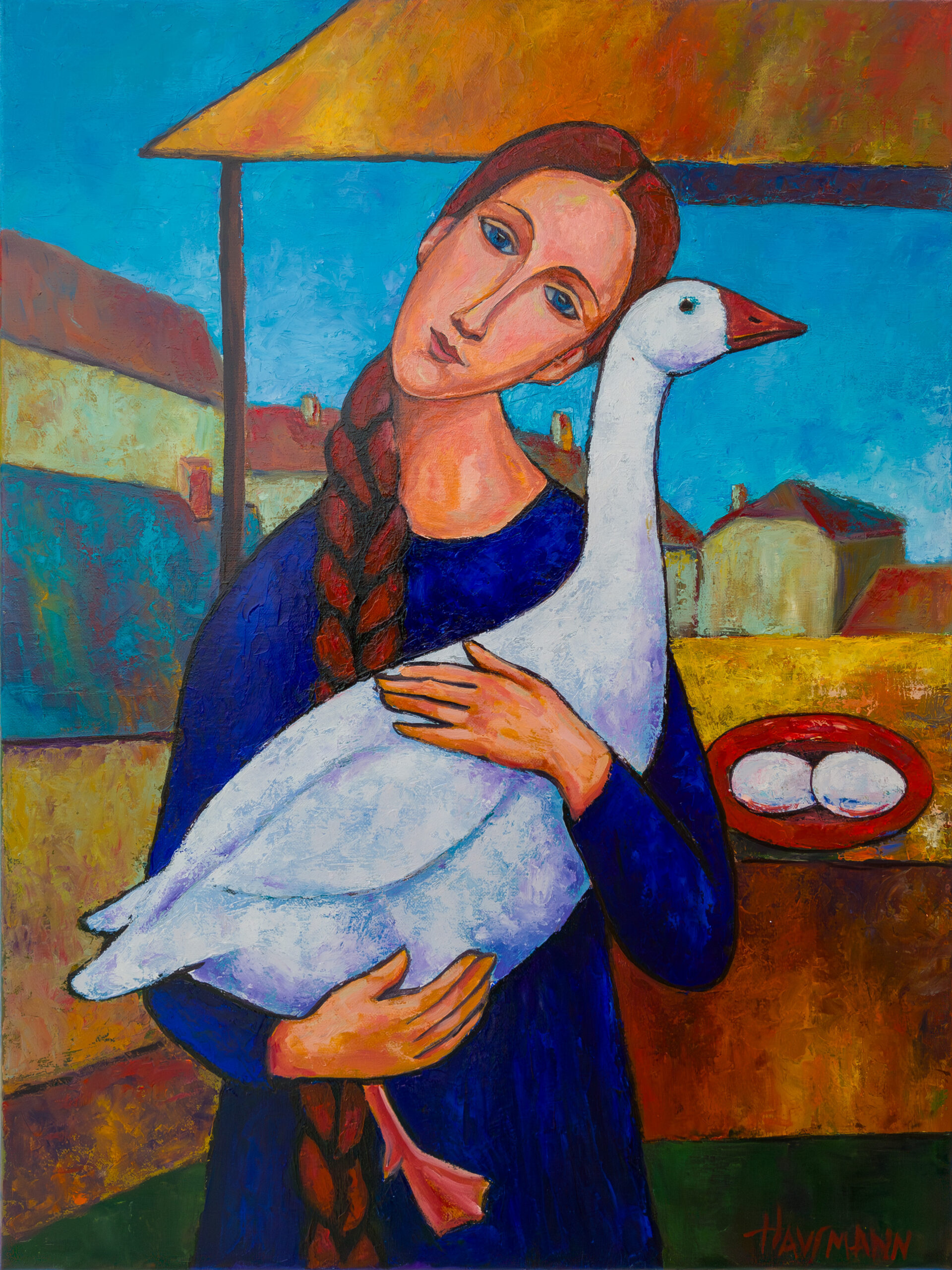 The Treif Goose original figurative oil painting on canvas from Kaddish for Shtetl series by Marek Hausmann