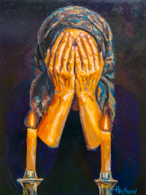 Welcoming the Sabbath original figurative oil painting on canvas from the Kaddish for Shtetl series by Marek Hausmann