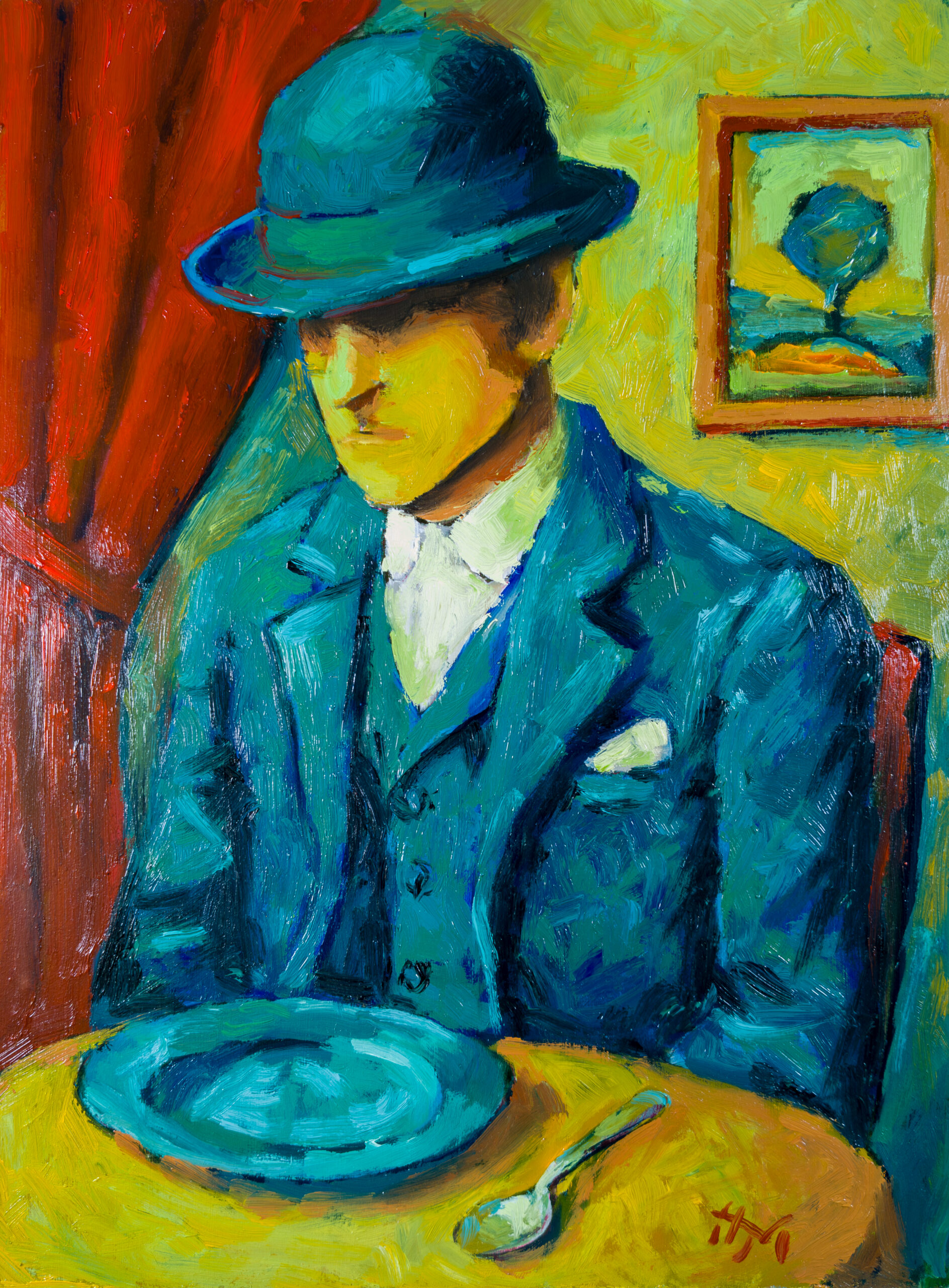 Waiting for Dinner original figurative impasto oil painting on canvas by Marek Hausmann